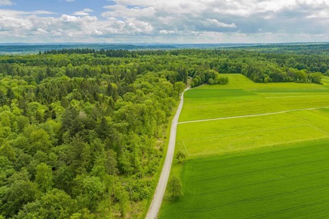 A country road snakes through green fields and forests under a cloudy sky, Aidlingen sports ground,