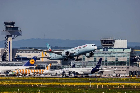 Plane taking off from Fraport Airport in Frankfurt. FRA, EDDF. Aircraft registration number: