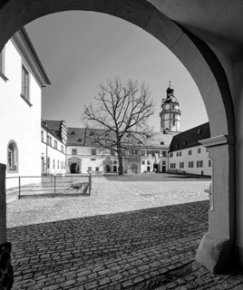Ehrenstein Palace and Park, Renaissance Palace, Palace Complex, Castle Tower, B/W photo, black and
