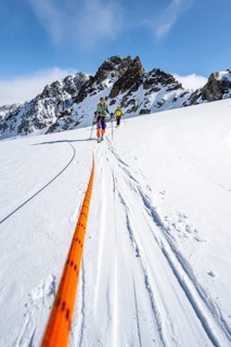 Ski tourer with rope, rope team on the Vadret da Porchabella glacier on the ascent to the summit of