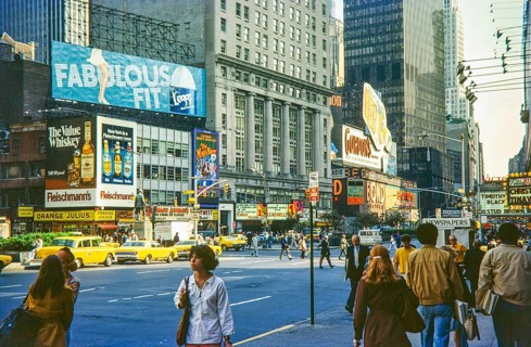 Advertising billboards yellow taxi cabs, crowded streets, Times Square, Broadway and West 43rd