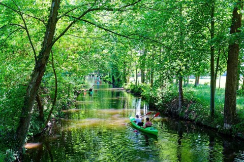 Tourists canoes on the main river Spree in the Spreewald, UNESCO Spreewald Biosphere Reserve.