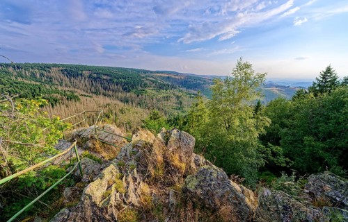 The Hammerstein Cliff with a view point in the mountain landscape in the Harz nature park Park.