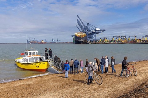 Harbour ferry, people, bicycle, beach, container port, container ship, Felixstowe, England, Great