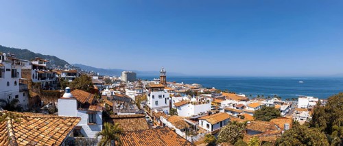 Mexico, panoramic view of Puerto Vallarta near sea promenade Malecon, beaches and historic center