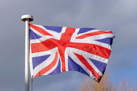 British flag, Union Jack, Bibury, The Cotswolds, England, Great Britain