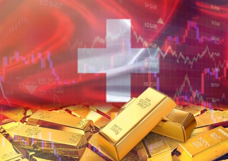 Gold bars on Swiss flag in background. Gold bars stacked on Swiss flag. Concept of Switzerland gold