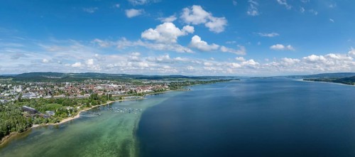 Aerial view, panorama of the town of Radolfzell on Lake Constance, on the horizon the Mettnau