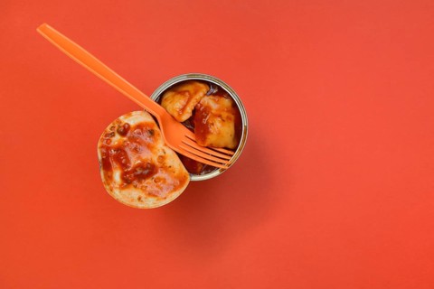 Tin ravioli, ready meal in open can