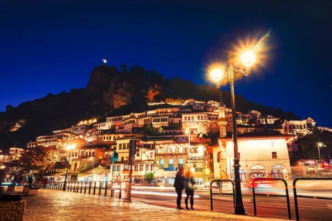 Illuminated Berat Mangalem district timelapse sunset Albania. UNESCO World Heritage site and City