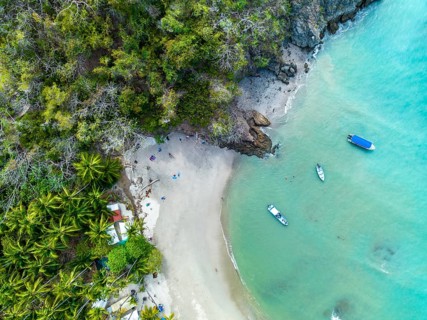 Aerial view, Tropical island in the turquoise ocean, Tourist beach, Tortuga Island, Puntarenas,