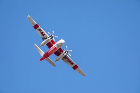 Winchester, CA USA, June 14, 2020: Cal Fire aircraft preparingto drop fire retardant on a dry