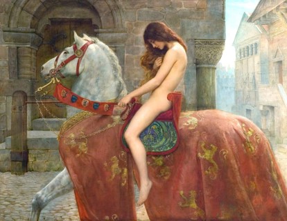 A naked woman rides a white horse through a medieval town, the horse wears a red and gold scarf.