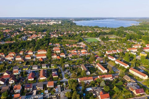 Aerial view of Brieske, the garden city of Marga and Senftenberg with Lake Senftenberg,