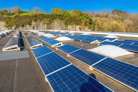 Rows of photovoltaic solar panels are mounted on a flat rooftop with skylights, providing