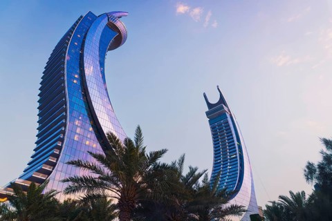 Doha, Qatar - 19th january, 2026: Katara Towers in Lusail showing iconic curved skyscraper