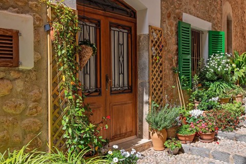 Charming stone house entrance with a wooden door surrounded by flower pots and climbing plants with