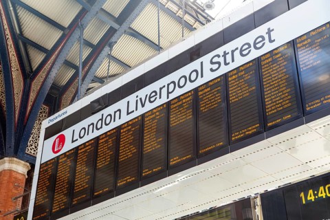Electronic departures noticeboard information, London Liverpool Street railway station, London,