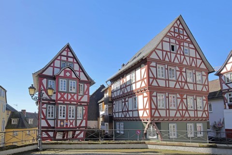 Historic half-timbered house Zum Reichsapfel built in 1607 and former house Zur Sonne,