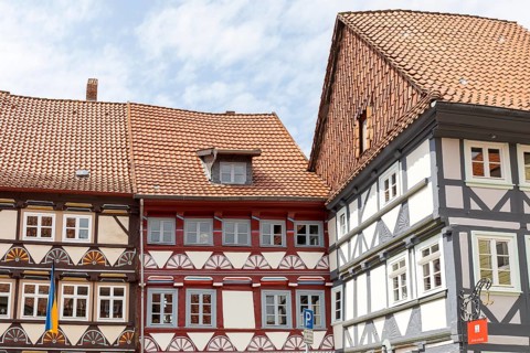 Half-timbered houses decorated with fan rosettes on Steintorstraße, Duderstadt, Lower Saxony,