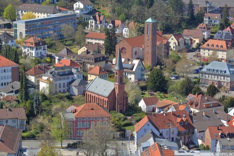 View of townscape with Villa Benzion, neo-Gothic Protestant town church and Heilig-Geist-Kirche,