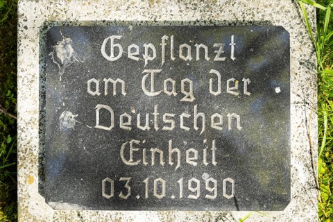 Sign Planted on the Day of German Unity 03.10.1990, on a tree in Großhartmannsdorf, Saxony, Germany
