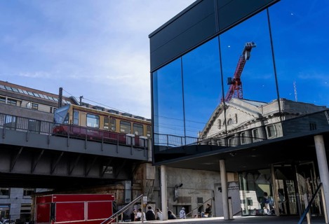 Reflections in the glass façade of the temporary Pergamon Museum, Berlin
