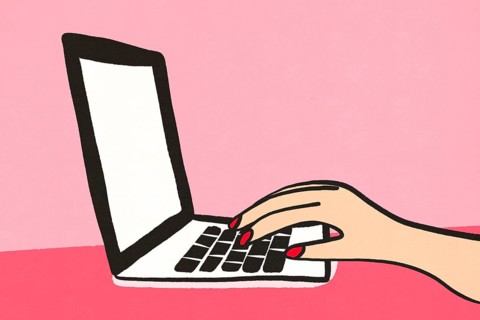 Minimalist illustration of a hand with red nails typing on a laptop keyboard. The background is a
