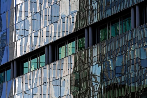 Glass façade with reflections, banking district, Westend, Frankfurt am Main, Hesse, Germany