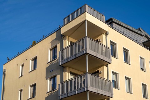 Apartment building with balconies, facade in detail, Waren, Müritz, Mecklenburg Lake District,