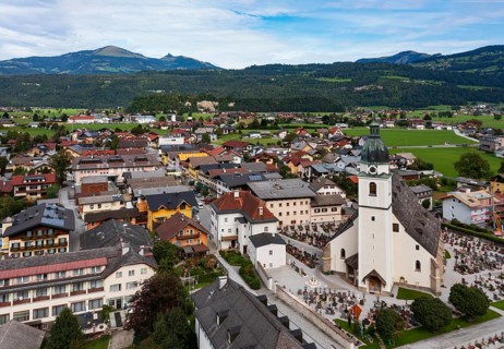 Drone shot, view of village with church, Kuchl, Salzachtal, Tennengau, Salzburg province, Austria