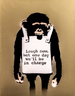 Banksy - Laugh Now, Rethinking Power Relations, 2002, Brighton, UK, exhibition The World of Banksy
