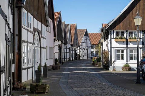 Half-timbered houses in the old town centre, Rheda, Rheda-Wiedenbrück, Westphalia, North