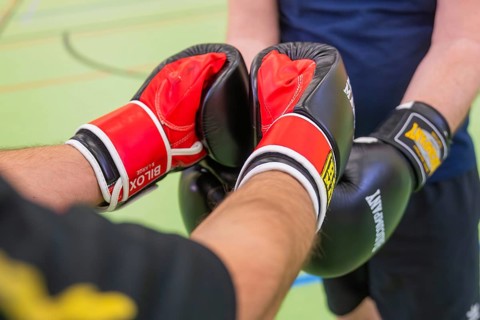 Close-up of two people pressing their gloves together during boxing practice, Boxing TSV Calw,