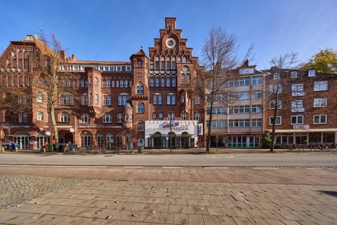 CineStar Lübeck Stadthalle cinema, historic brick building with gable, Mühlenstraße, Hanseatic city