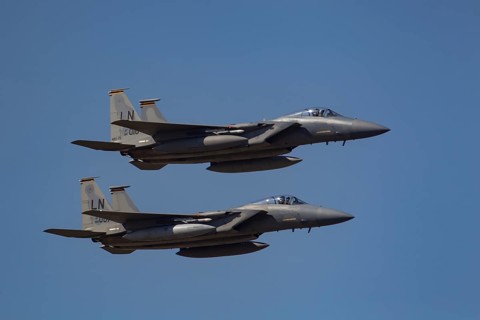 McDonnell Douglas F-15 Eagle two aircraft in United States air force USAF colours flying, England,
