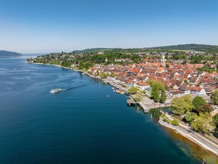 Aerial view of Überlingen on Lake Constance with the historic old town and the lakeside promenade,