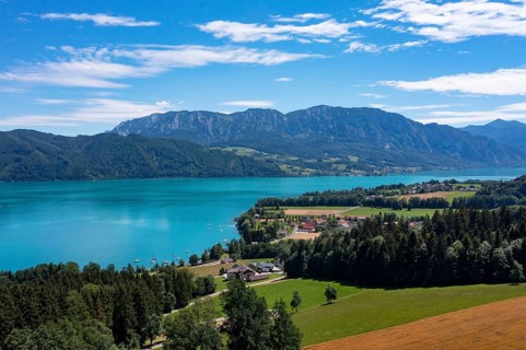 Drone shot, panorama shot, Zell am Attersee with Höllengebirge, Salzkammergut, Upper Austria,