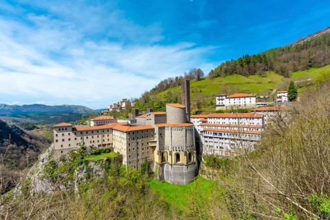 Aerial view of the Aranzazu Sanctuary in the town of Oñati, Gipuzkoa. Basque Country