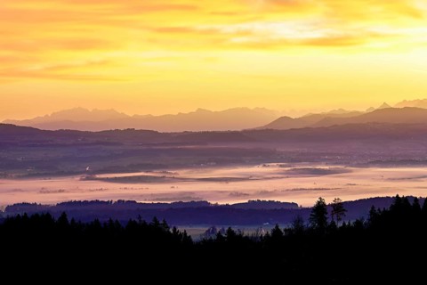 View from Horben of the Reuss Valley covered in fog, behind it the Alpstein with the Säntis in the