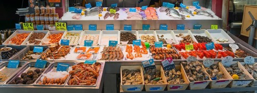 Rich offer of seafood and fish on a market stall, carefully placed on ice, fish market,
