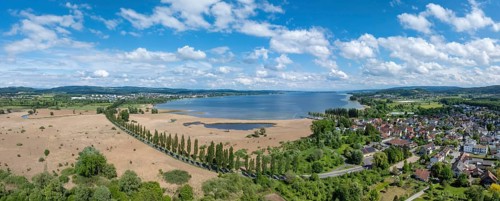 Aerial view, panorama of Mooser Damm with country road L192 which crosses Radolfzeller Aachried on