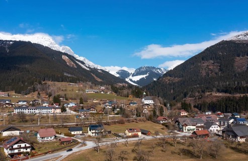 Drone image, residential buildings, view of town, Ardning, Ennstal, Styria, Austria