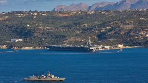 Aircraft carrier USS Gerald R. Ford, largest aircraft carrier in the world, anchored in Souda Bay