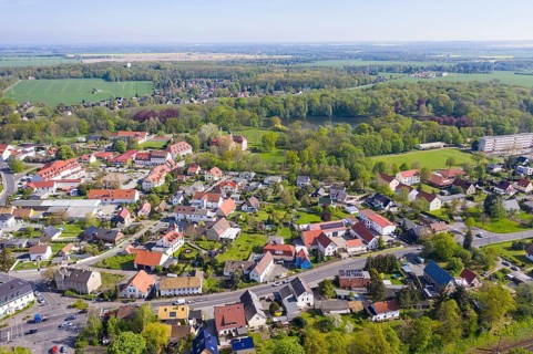 Local view with castle and castle park, aerial view of Machern, Saxony, Germany