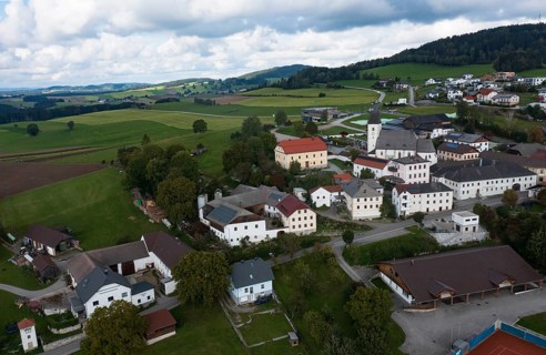Drone image, view of the village with parish church, Grünbach near Freistadt, Mühlviertel, Upper