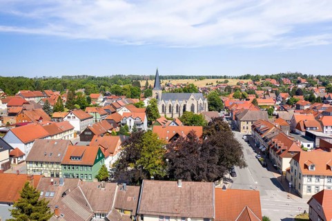 Town view with St Jakobi church from above, Elbingerorde, Harz, Saxony-Anhalt, Germany