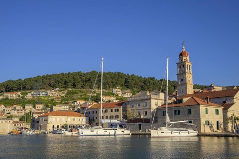 Church of St. Jerome of Stridon and sailing boats, Pucišca, Split-Dalmatia County, Croatia