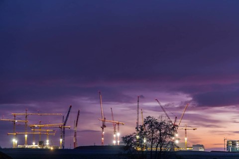 ESMC construction site of the new chip factory in the evening, Dresden, Saxony, Germany