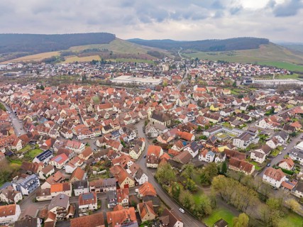 Aerial view of a town with a hilly landscape in the background, Großbottwar, Ludwigsburg district,